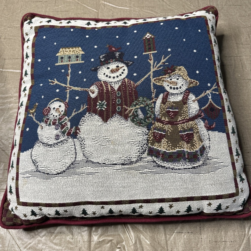 KenTex Tapestry Christmas Pillow Snowmen Birdhouse Made In USA Burgundy Blue
